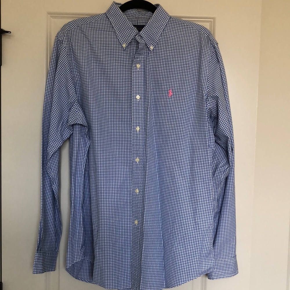 Men’s Ralph Lauren long sleeve polo, blue check, size Large